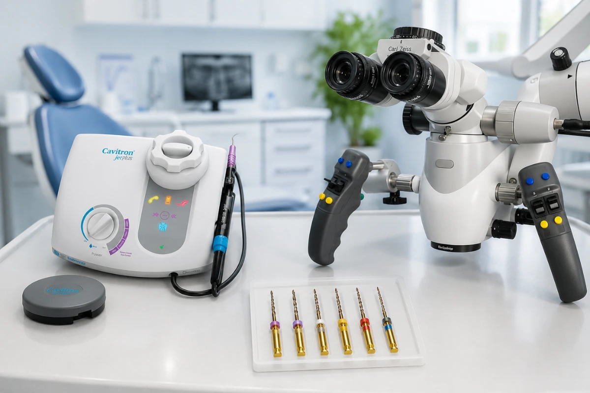 Advanced endodontic equipment and dental microscope used for precise root canal treatment and diagnosis.