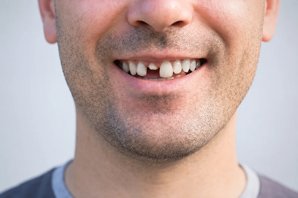 Broken front tooth showing why chipped or cracked teeth require immediate dental treatment.