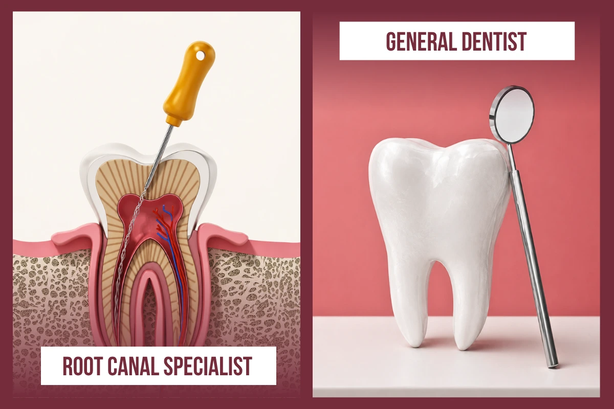 Comparison between a general dentist and a root canal specialist (endodontist) for treating tooth infections and root canal cases.
