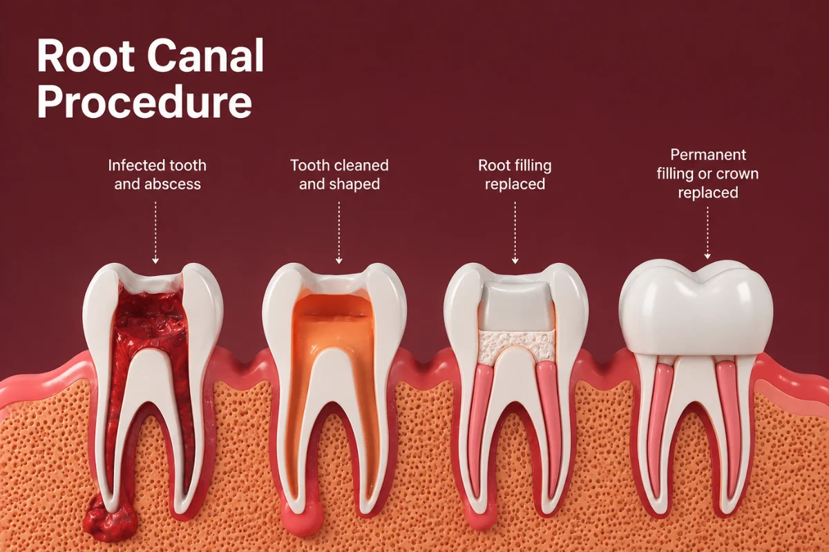 4-step diagram of a root canal procedure showing an infected tooth, cleaning and shaping, root filling, and final crown placement.