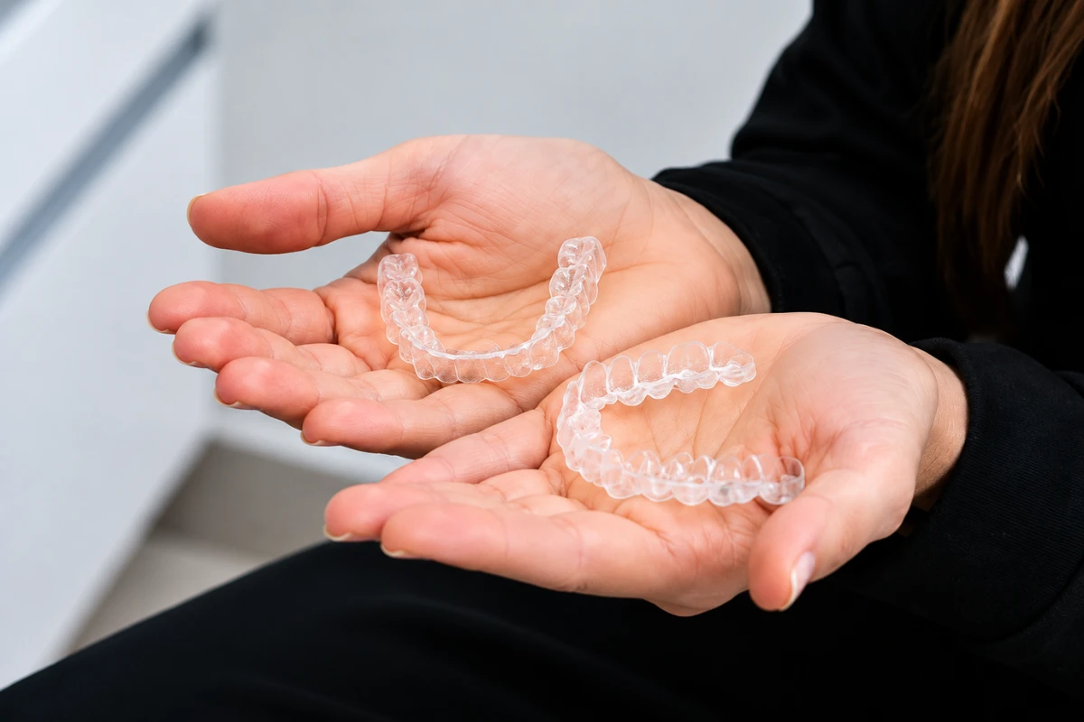 Close-up of custom-made clear aligner trays held in hands for teeth straightening