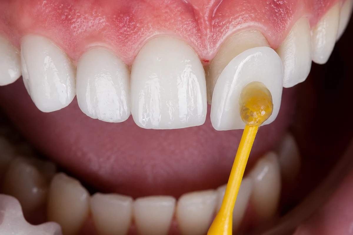 Dentist applying bonding material and adhesive resin during a tooth repair procedure