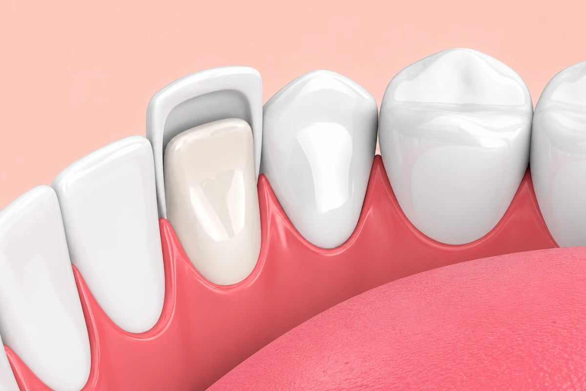 3D illustration showing a custom porcelain veneer being fitted onto a natural front tooth